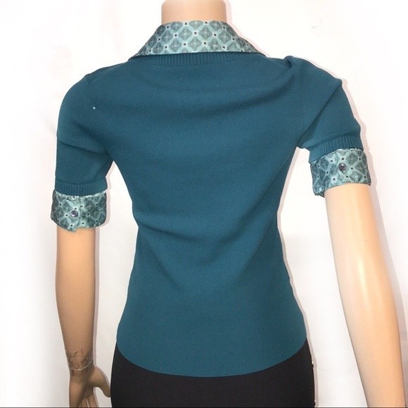 90s LOFT Knit Short Sleeve Top Satin layered Twofer Teal Burgundy size XS - Picture 4 of 10